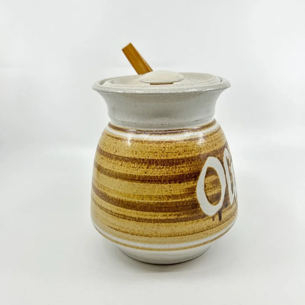 Vintage Ceramic Olive Canister Handmade Pottery Rustic Stoneware Kitchen Decor